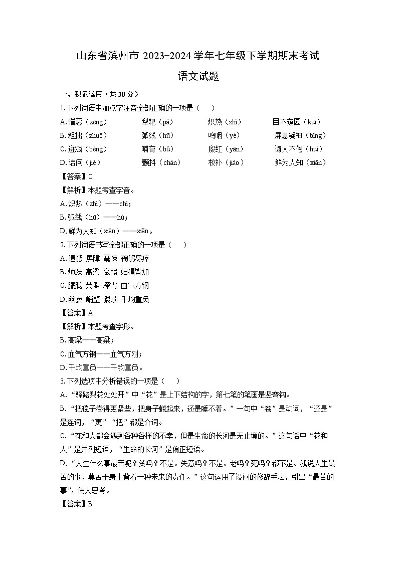 [语文]山东省滨州市2023-2024学年七年级下学期期末考试试题(解析版)第1页