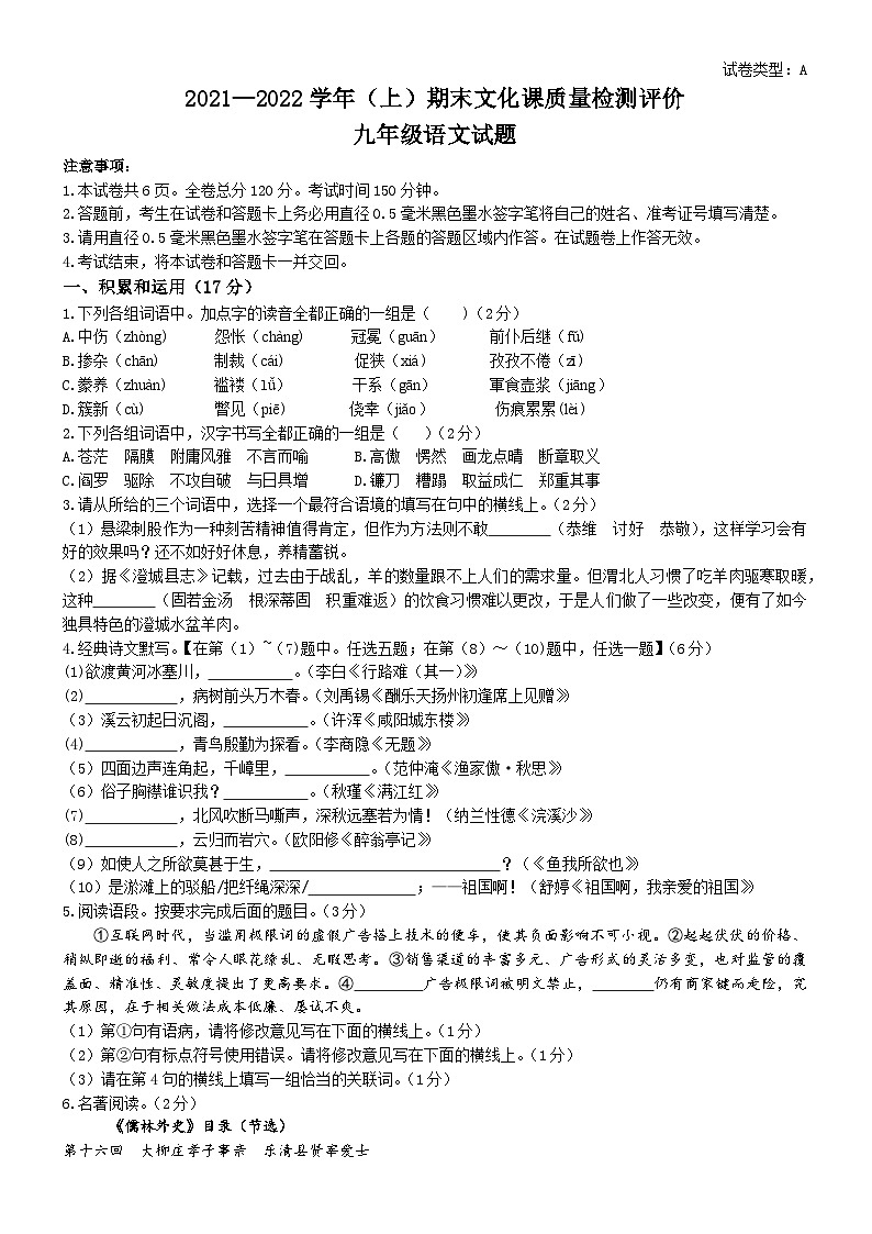 陕西省渭南市澄城县2021-2022学年九年级上学期期末语文试题01