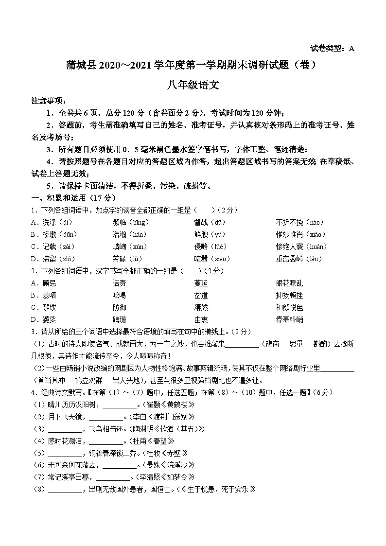 陕西省渭南市蒲城县2020-2021学年八年级上学期期末语文试题第1页