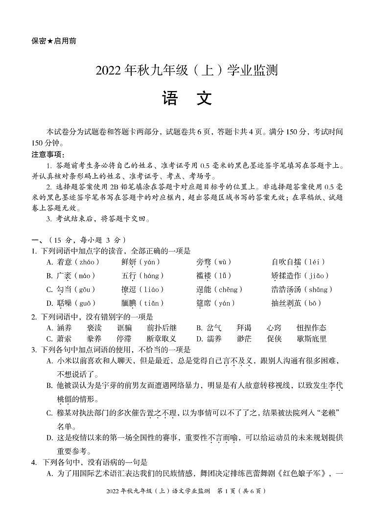 四川省绵阳市2022—2023学年九年级上学期期末考试语文试题01