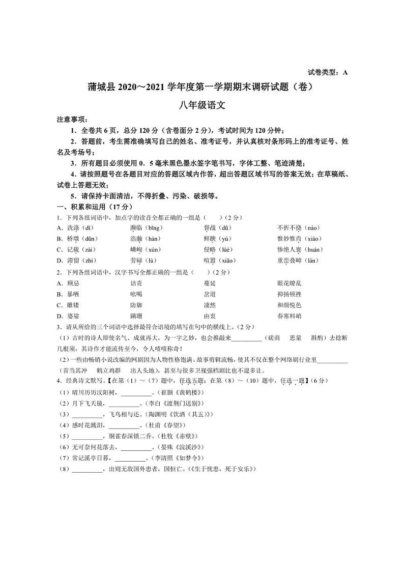 [语文][期末]陕西省渭南市蒲城县2020～2021学年八年级上学期期末试题(有答案)01