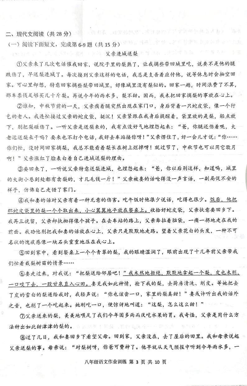 河南省南阳市镇平县侯集镇第一初级中学2024-2025学年八年级上学期9月月考语文试题03