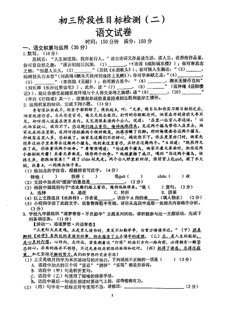 安徽省六安皋城中学2024-2025学年九年级上学期10月月考语文试题01