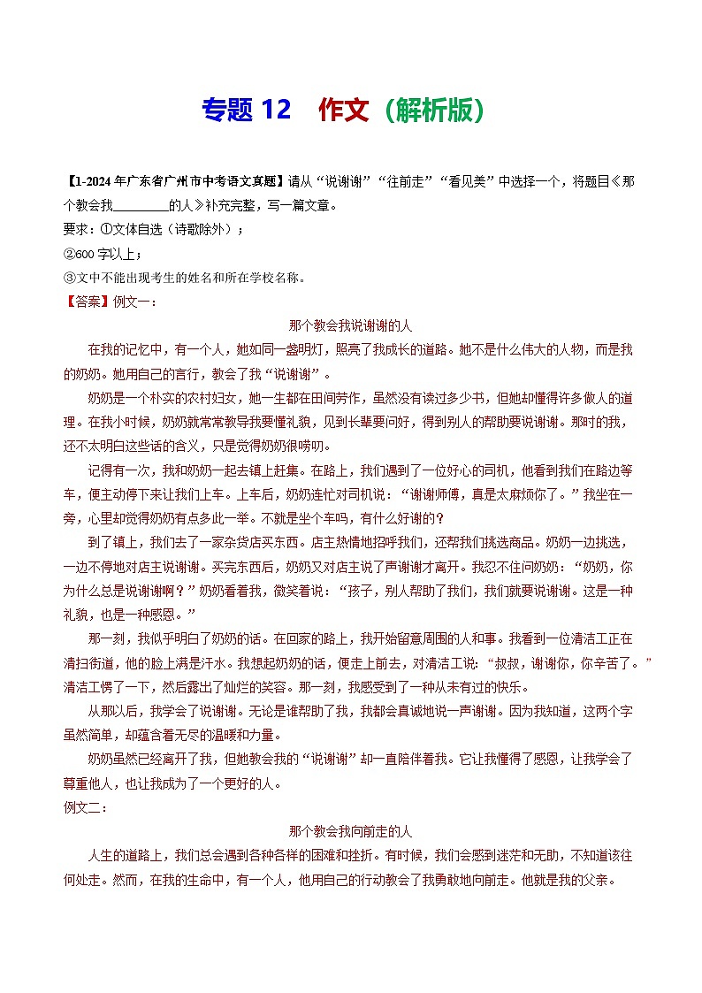 专题12 作文-备战2025年中考语文专项精练（广东广州专用） （解析版）第1页