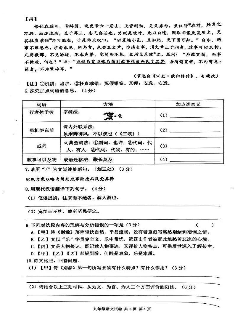 江苏省泰州市兴化市2024-2025学年九年级上学期10月月考语文试题第3页