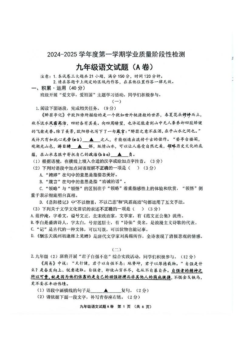 江苏省连云港市灌南县2024-2025学年九年级上学期第一次月考语文试题01