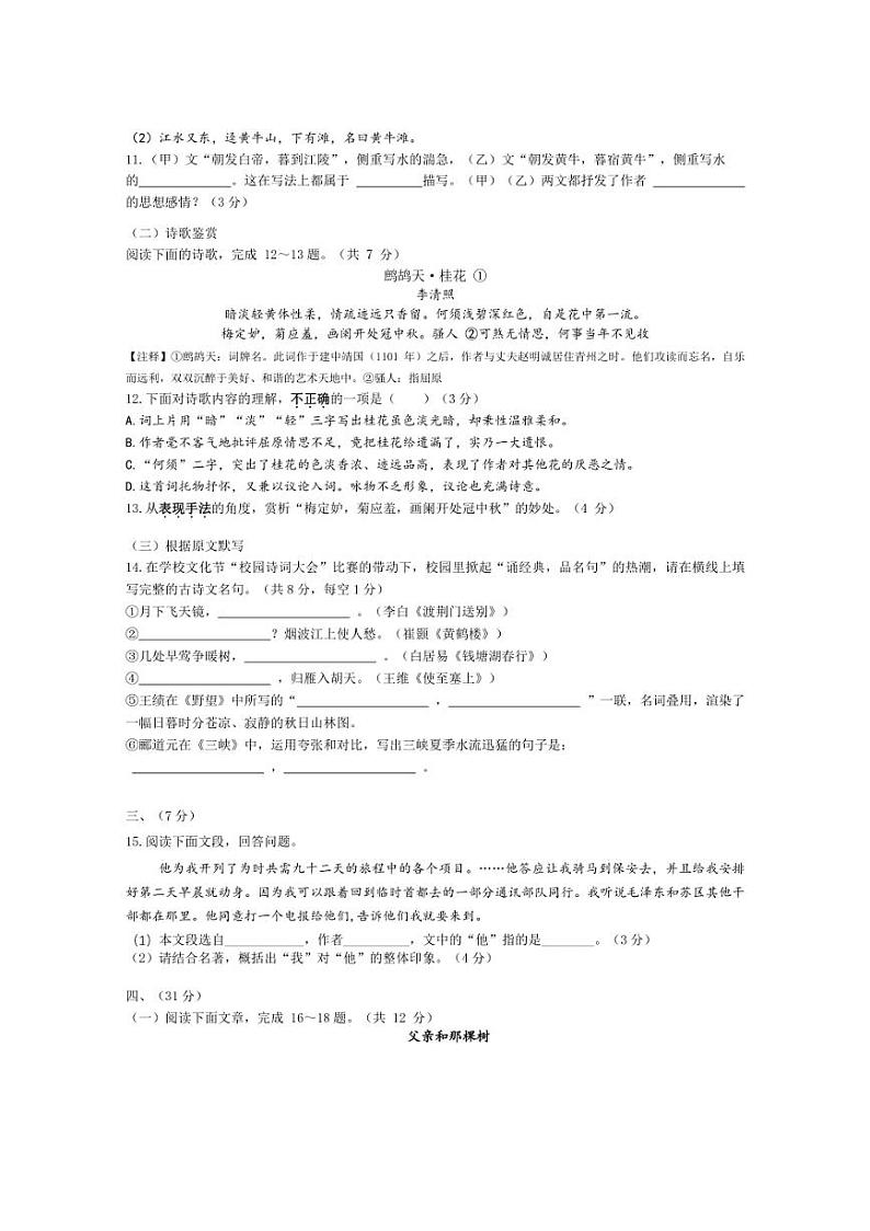 [语文]山东省济南市高新东区2024—2025学年八年级上学期月考试题(有答案)第3页