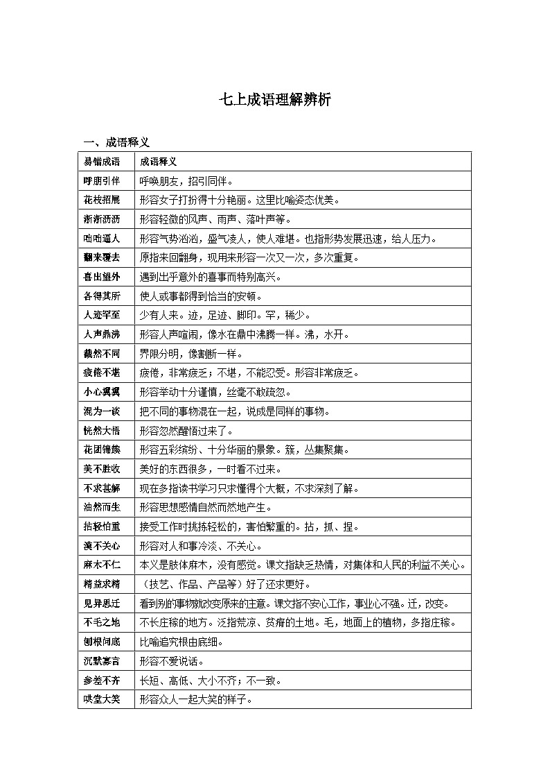 七年级语文上册成语理解真题练习（含答案）第1页