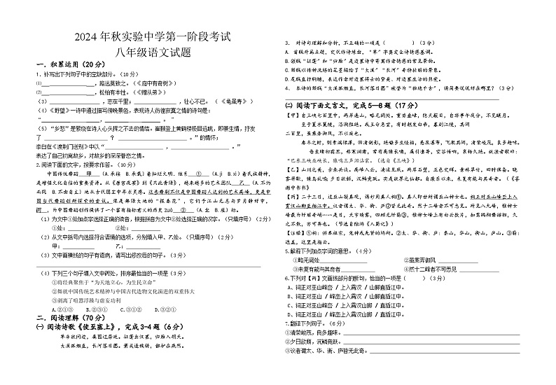 福建省泉州市南安市实验中学2024-2025学年八年级上学期第一次月考语文试题01