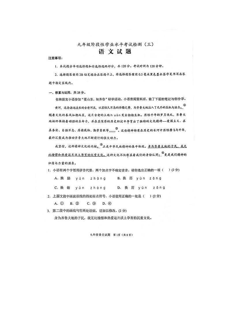 2024年山东省菏泽市鲁西新区中考三模语文试题01