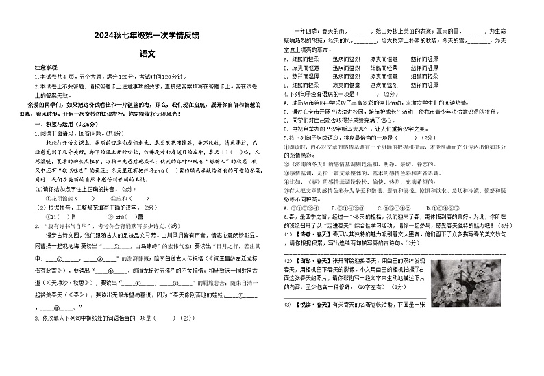 河南省驻马店市第四中学2024-2025学年七年级上学期10月月考语文试题01