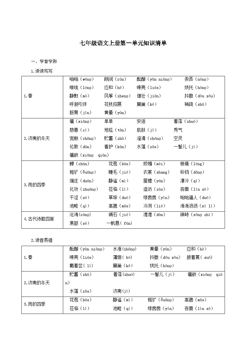 第一单元（单元知识清单） 七年级语文上册同步（ 人教部编版2024）第1页