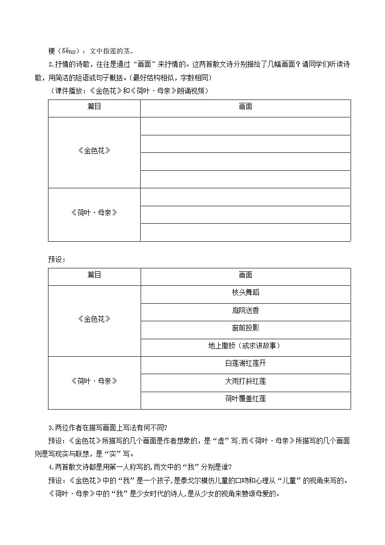 第7课  母爱如莲自荫蔽  化作金花昵母亲——《散文诗二首》教学设计 七年级语文上册同步（ 人教部编版2024）第3页