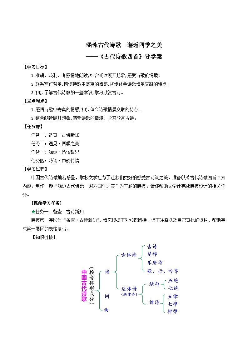 第4课 涵泳古代诗歌  邂逅四季之美——《古代诗歌四首》导学案 七年级语文上册同步（ 人教部编版2024）第1页