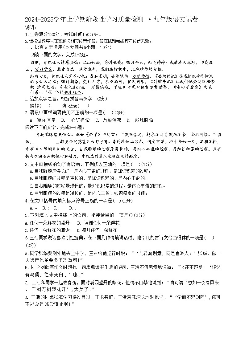 江西省南昌市实验中学2024—2025学年九年级上学期10月月考语文卷01