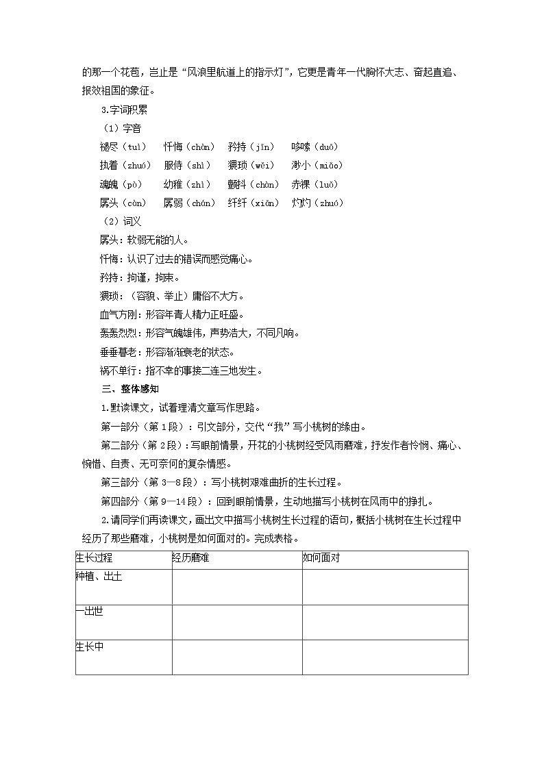 教案：部编版初中语文七年级下册 第19课 一棵小桃树第2页