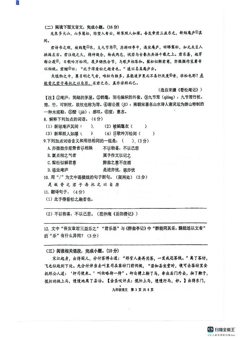江苏省泰州中学附属初级中学等校联考2024-2025学年九年级上学期10月月考语文试题03