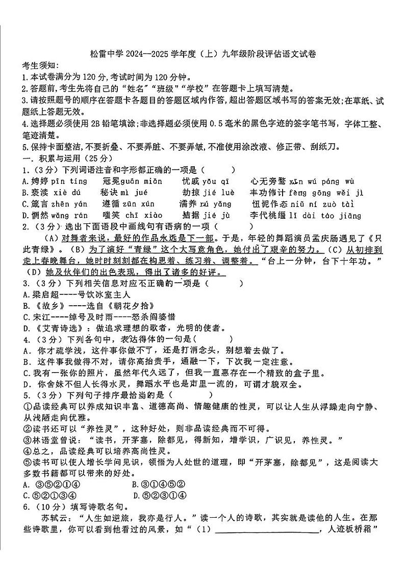 黑龙江省哈尔滨市松雷中学2024-2025学年九年级上学期10月月考语文试卷第1页