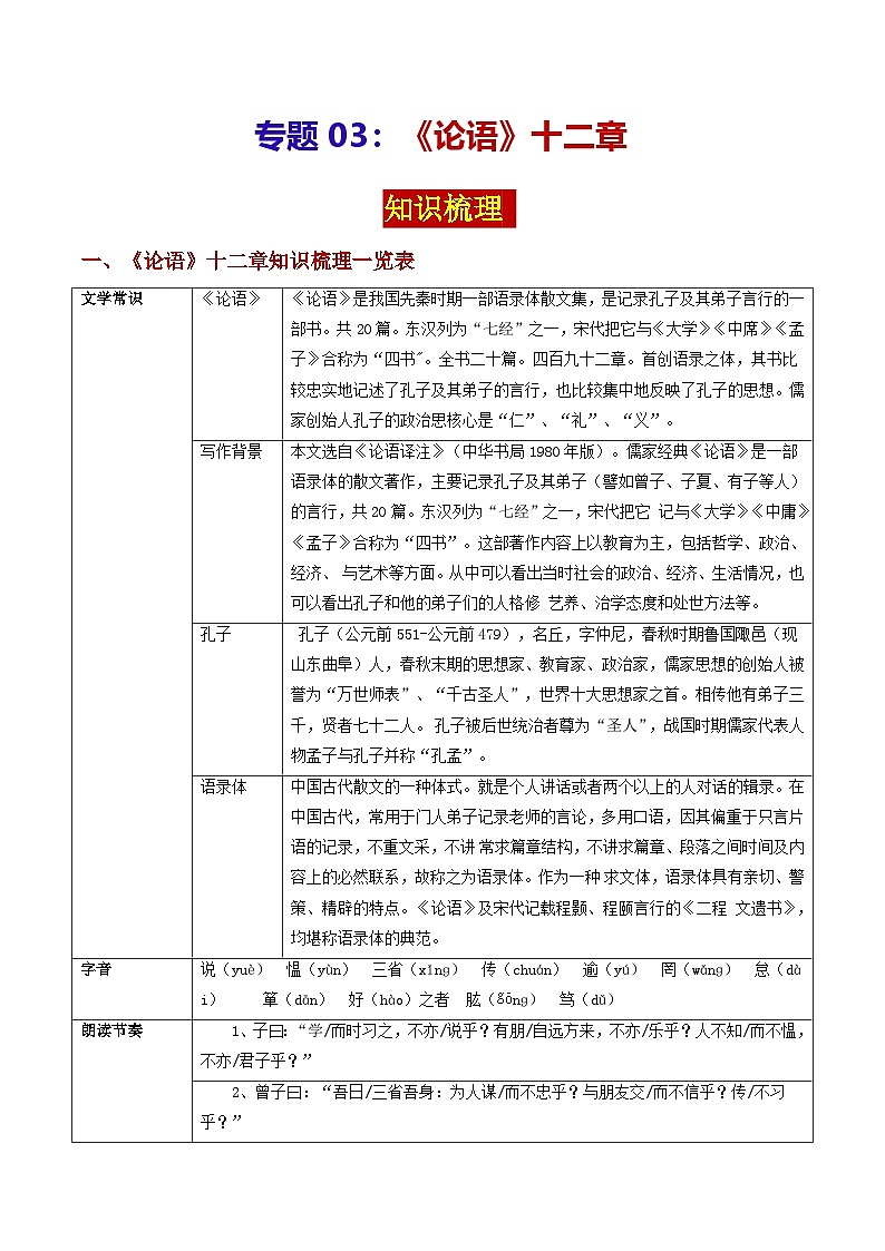 专题03《论语》十二章（知识梳理）-备战2025年中考语文·课内39篇文言文阅读第1页