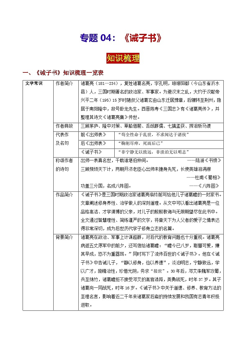 专题04 《诫子书》（知识梳理）-备战2025年中考语文·课内39篇文言文阅读第1页