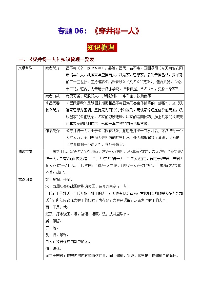 专题06 《穿井得一人》（知识梳理）-备战2025年中考语文·课内39篇文言文阅读第1页