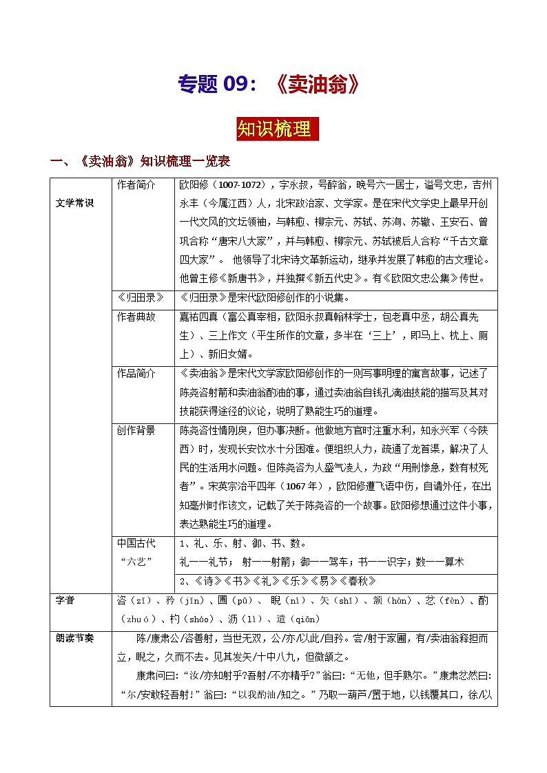 专题09 《卖油翁》（知识梳理）-备战2025年中考语文·课内39篇文言文阅读第1页