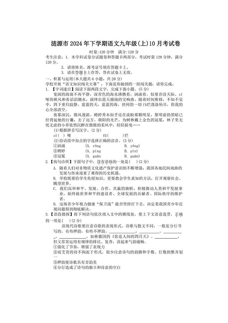 [语文]湖南省娄底市新化县多校2024～2025学年九年级上学期第一次月考试卷(含答案)第1页