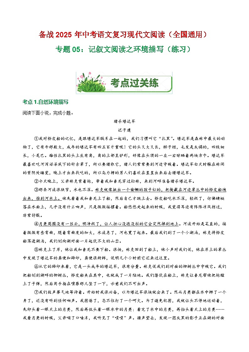 第1部分 专题05：记叙文阅读之环境描写（练习）-2025年中考语文复习 现代文阅读（全国通用）（学生版）第1页