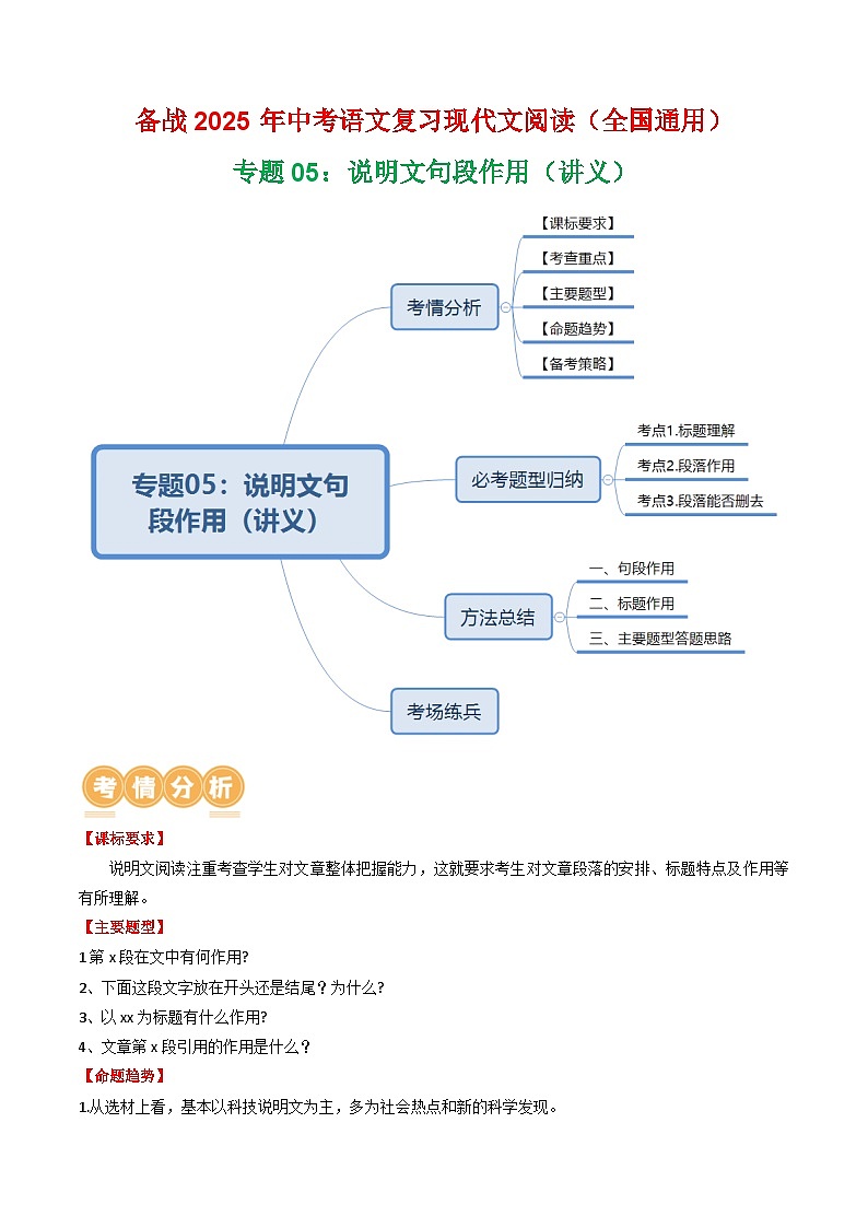 第2部分 专题05：说明文句段作用（讲义）-2025年中考语文复习 现代文阅读（全国通用）（教师版）第1页
