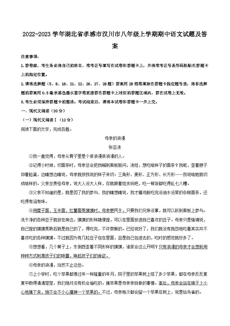 2022-2023学年湖北省孝感市汉川市八年级上学期期中语文试题及答案第1页