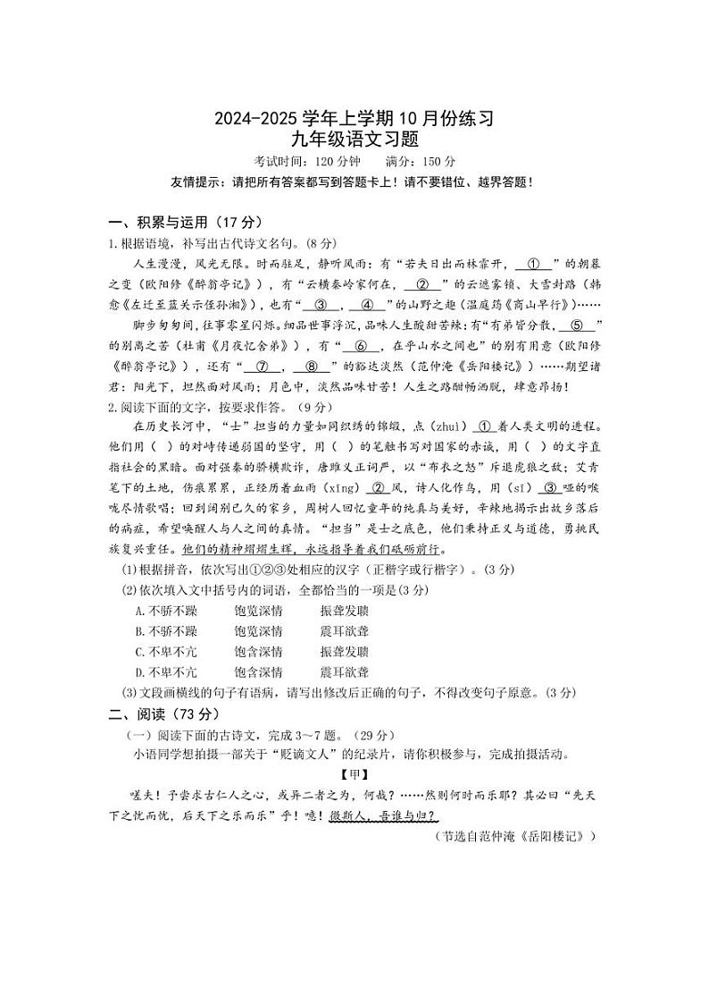 [语文]福建省漳州第一中学2024～2025学年九年级上学期10月练习试题(有答案)01
