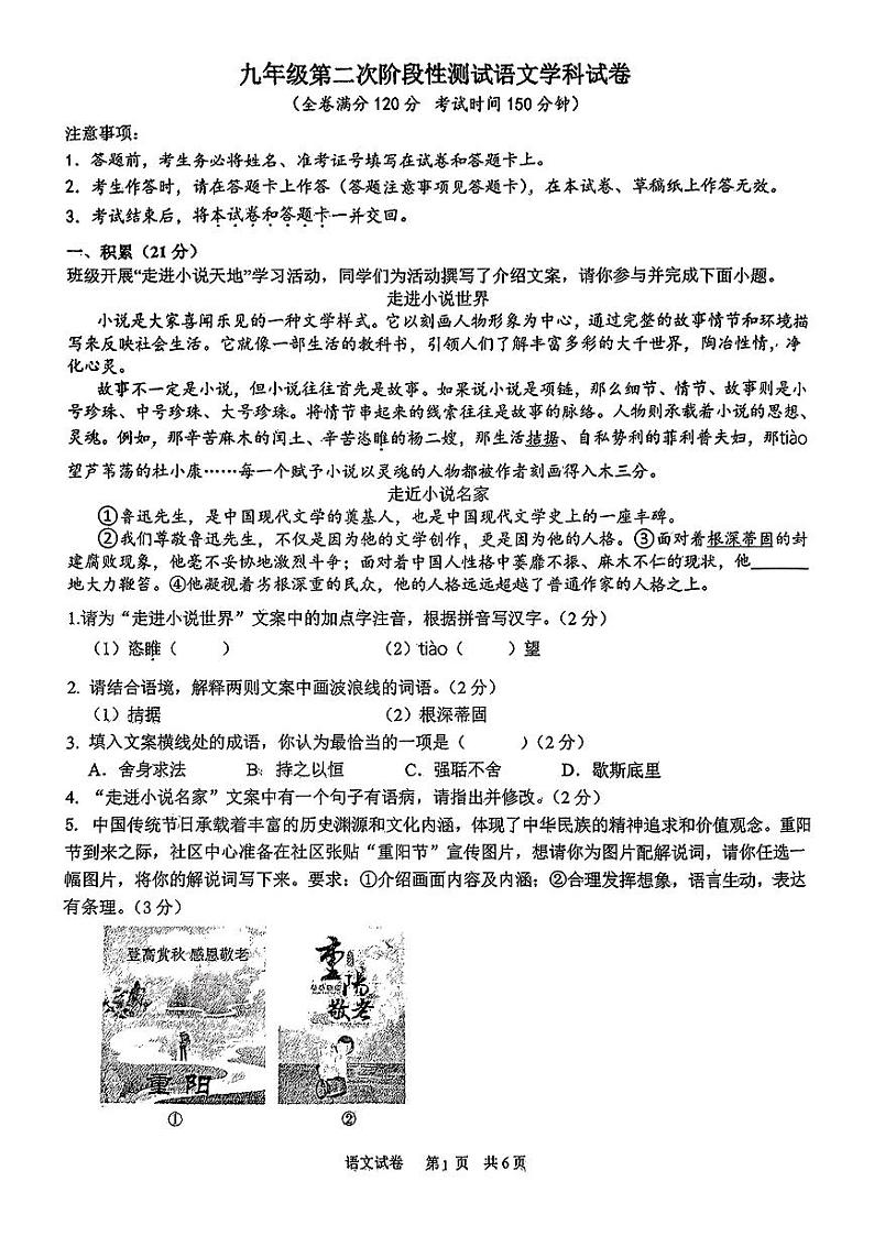南宁市北京大学南宁附属实验学校2024-2025学年九年级上学期9月检测语文试题第1页