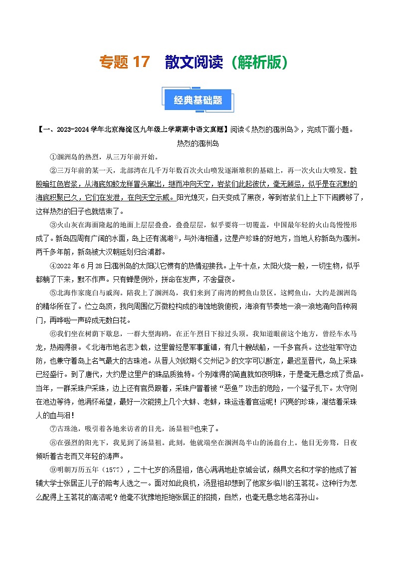 专题17 散文阅读-备战2024-2025学年九年级语文上学期期中真题分类汇编（北京专用）（教师版）练习第1页