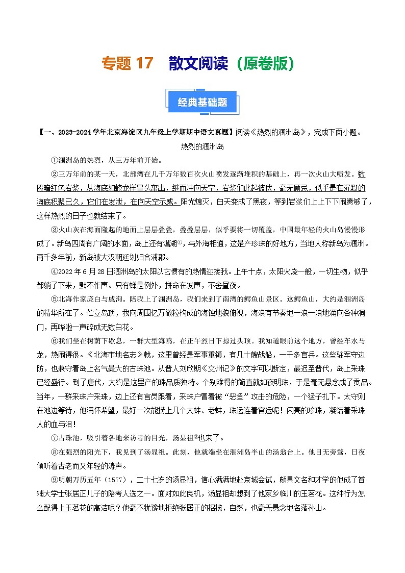 专题17 散文阅读-备战2024-2025学年九年级语文上学期期中真题分类汇编（北京专用）（学生版）练习第1页
