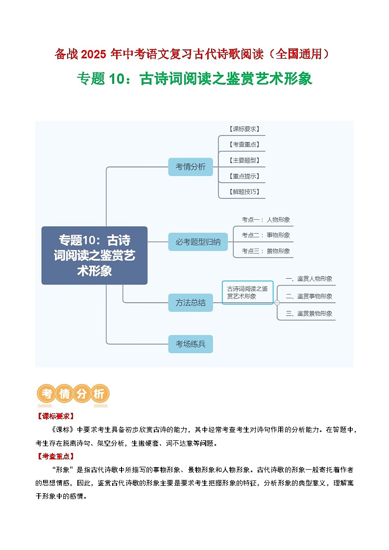 专题10：古诗词阅读之鉴赏艺术形象-2025年中考语文复习 古代诗歌阅读（全国通用）（学生版）第1页