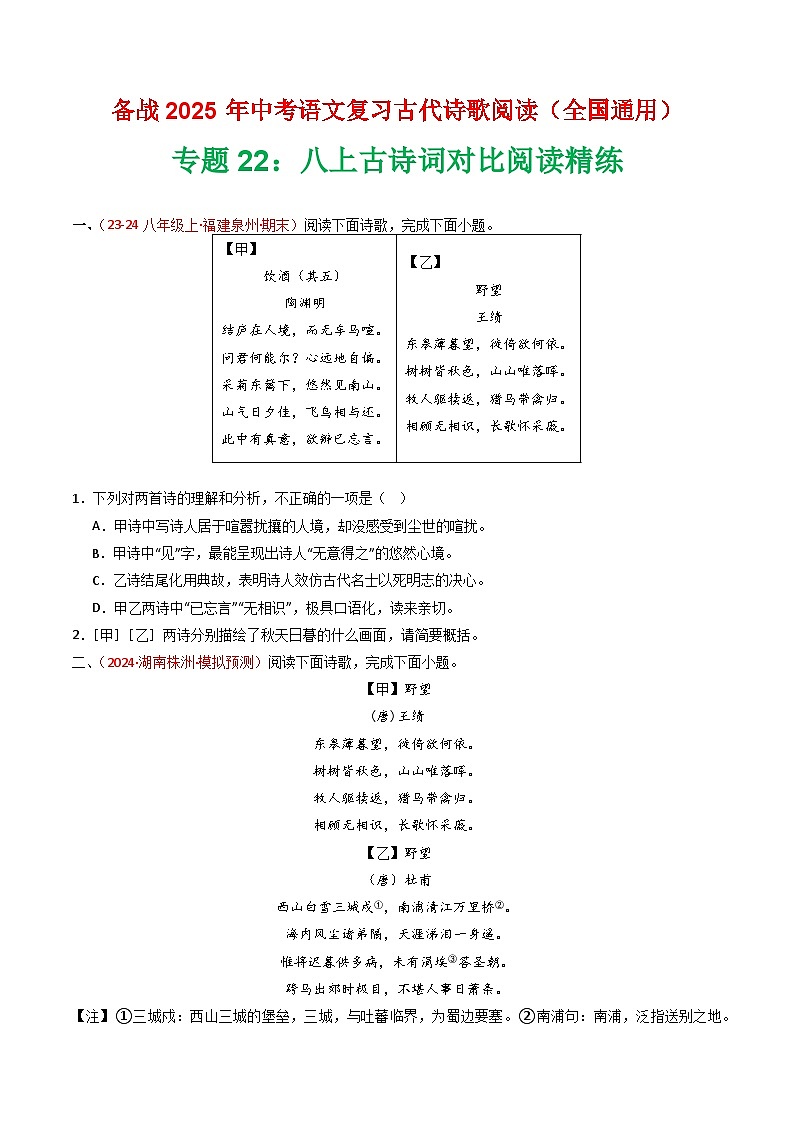 专题22：八上古诗词对比阅读精练-2025年中考语文复习 古代诗歌阅读（全国通用）（学生版）第1页
