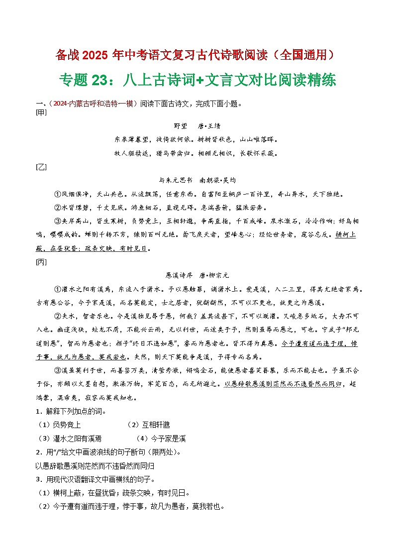 专题23：八上古诗词+文言文对比阅读精练-2025年中考语文复习 古代诗歌阅读（全国通用）（学生版）第1页