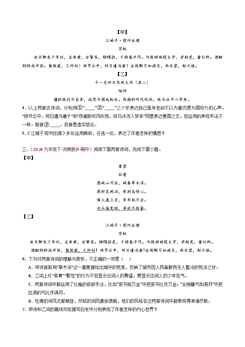 专题28：九下古诗词对比阅读精练-2025年中考语文复习 古代诗歌阅读（全国通用）（学生版）第2页