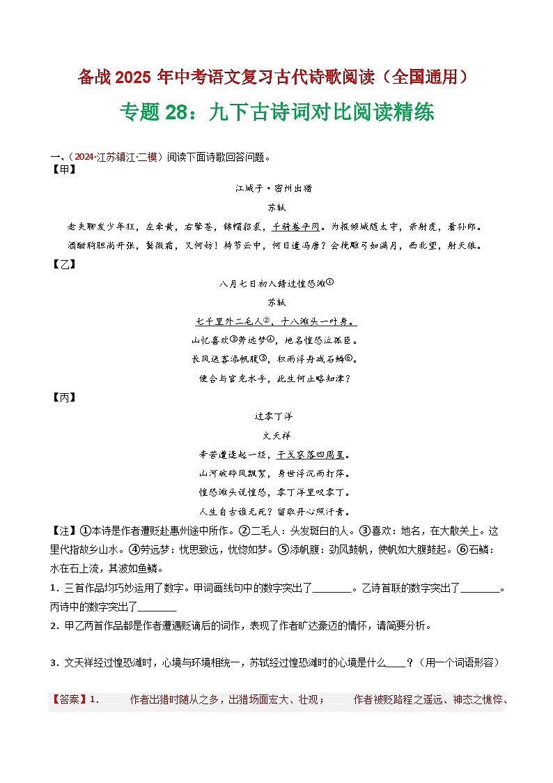 专题28：九下古诗词对比阅读精练-2025年中考语文复习 古代诗歌阅读（全国通用）（教师版）第1页