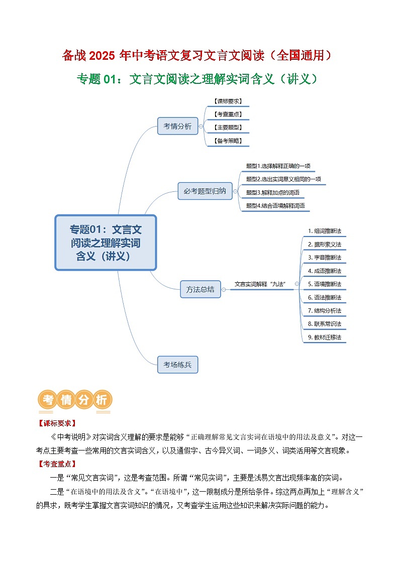 专题01：文言文阅读之理解实词含义（讲义）-2025年中考语文复习 文言文阅读（全国通用）（学生版）第1页