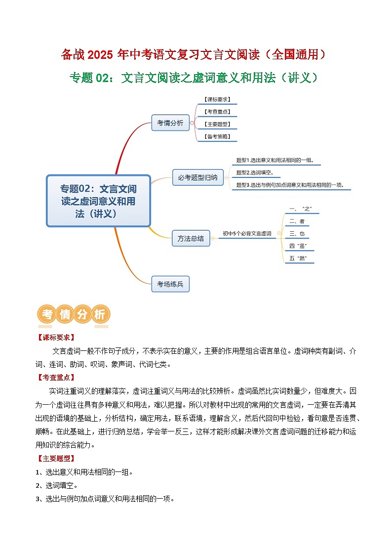 专题02：文言文阅读之虚词意义和用法（讲义）-2025年中考语文复习 文言文阅读（全国通用）（学生版）第1页
