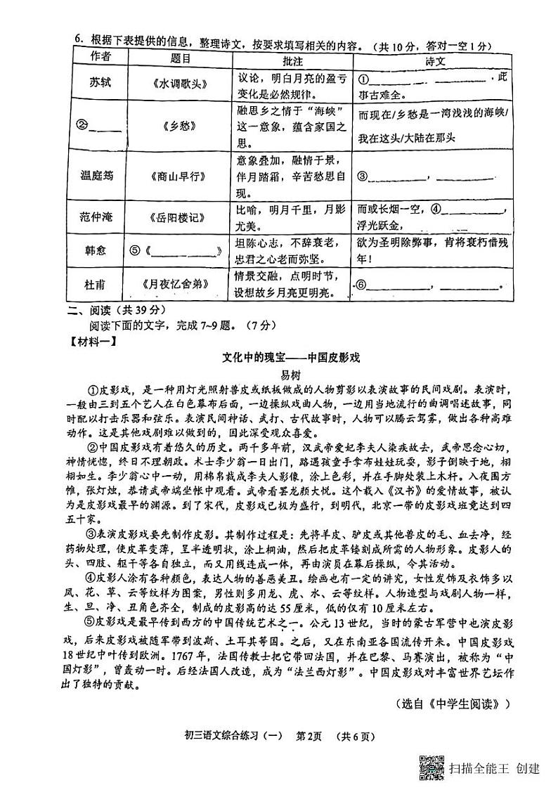 广西壮族自治区南宁市三美学校2023-2024学年九年级上学期开学测试语文试卷02