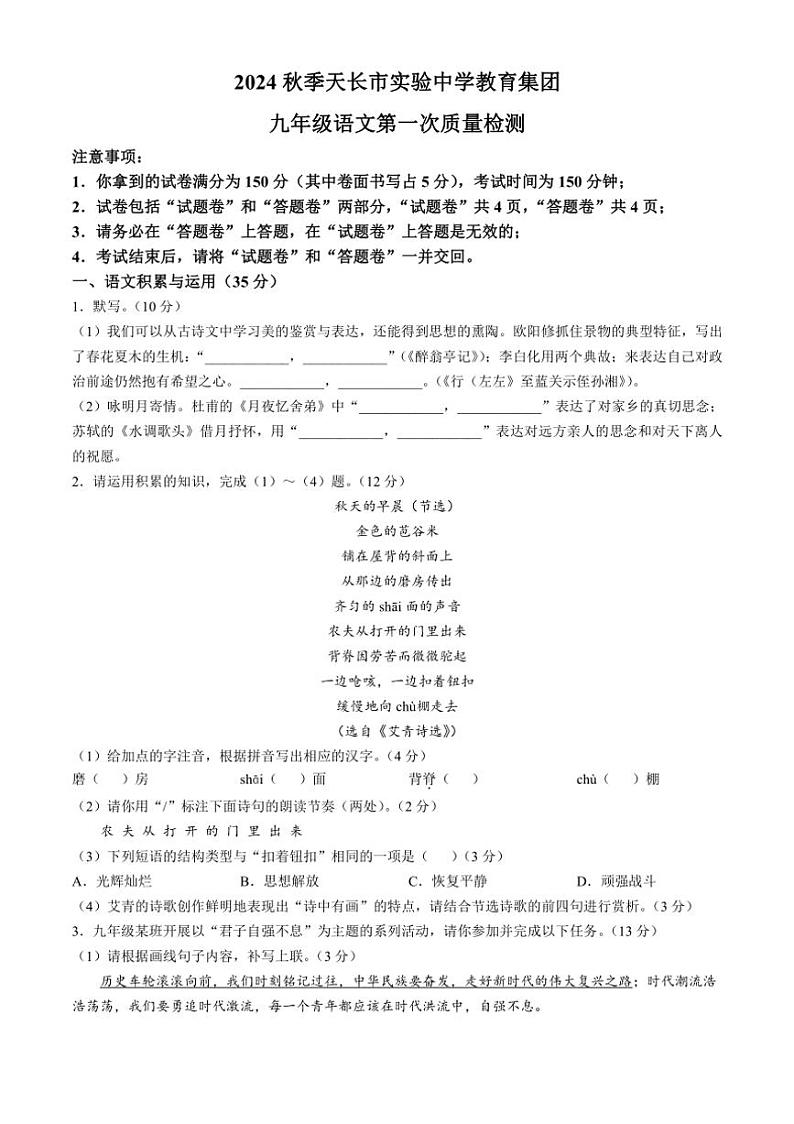 [语文]安徽省滁州市天长市实验中学教育集团2024～2025学年九年级上学期10月月考试题(有答案)第1页