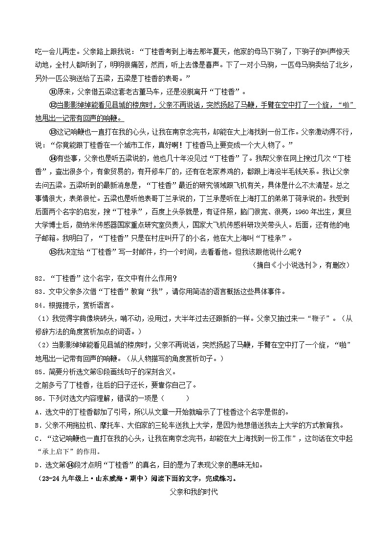 专题13  小说阅读（三）（含答案） 备战2024-2025学年九年级语文上学期期中真题分类汇编（山东专用）练习02