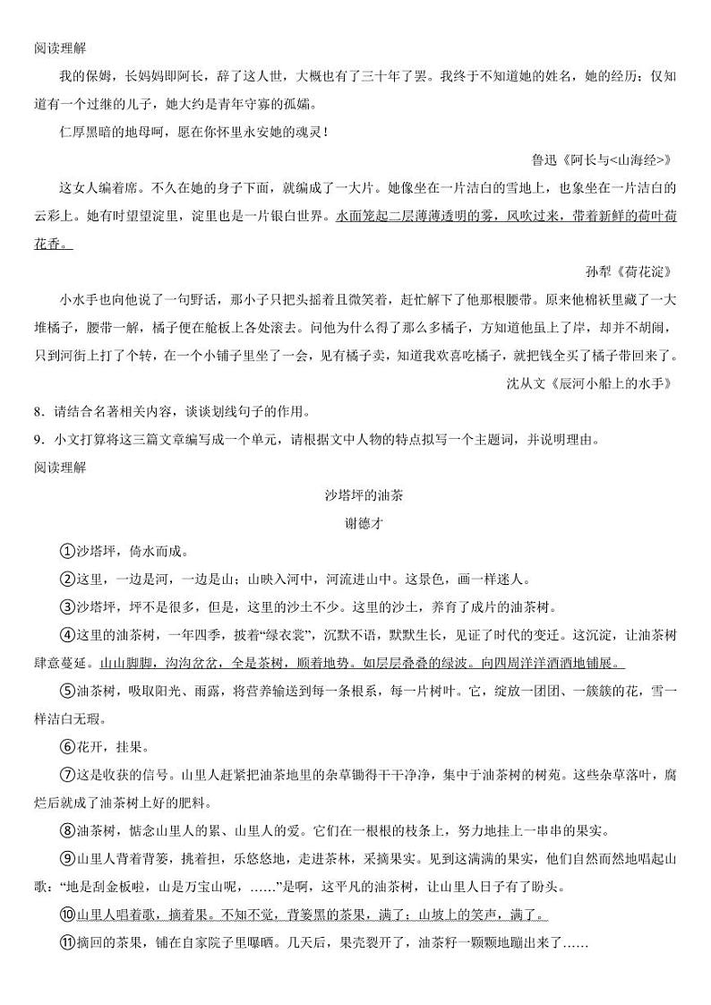 浙江省初中名校2024年七年级上学期语文期中考试试卷【附参考答案】第3页