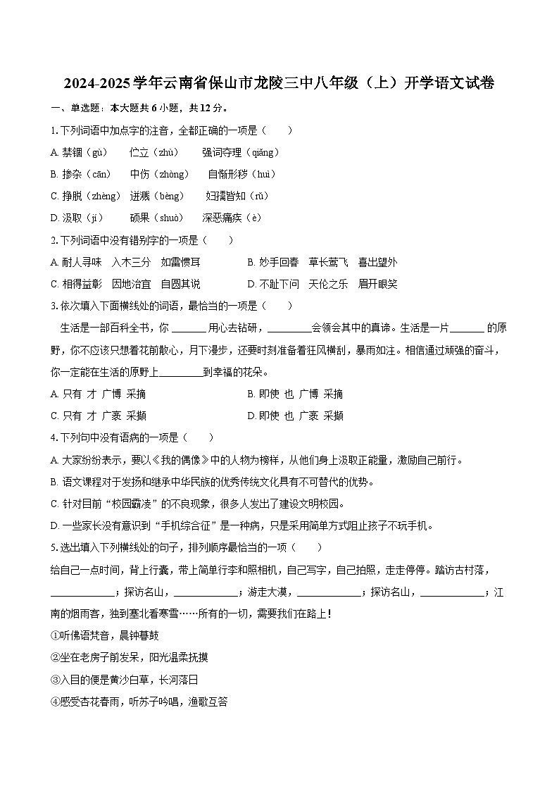 2024-2025学年云南省保山市龙陵三中八年级（上）开学语文试卷（含答案）第1页