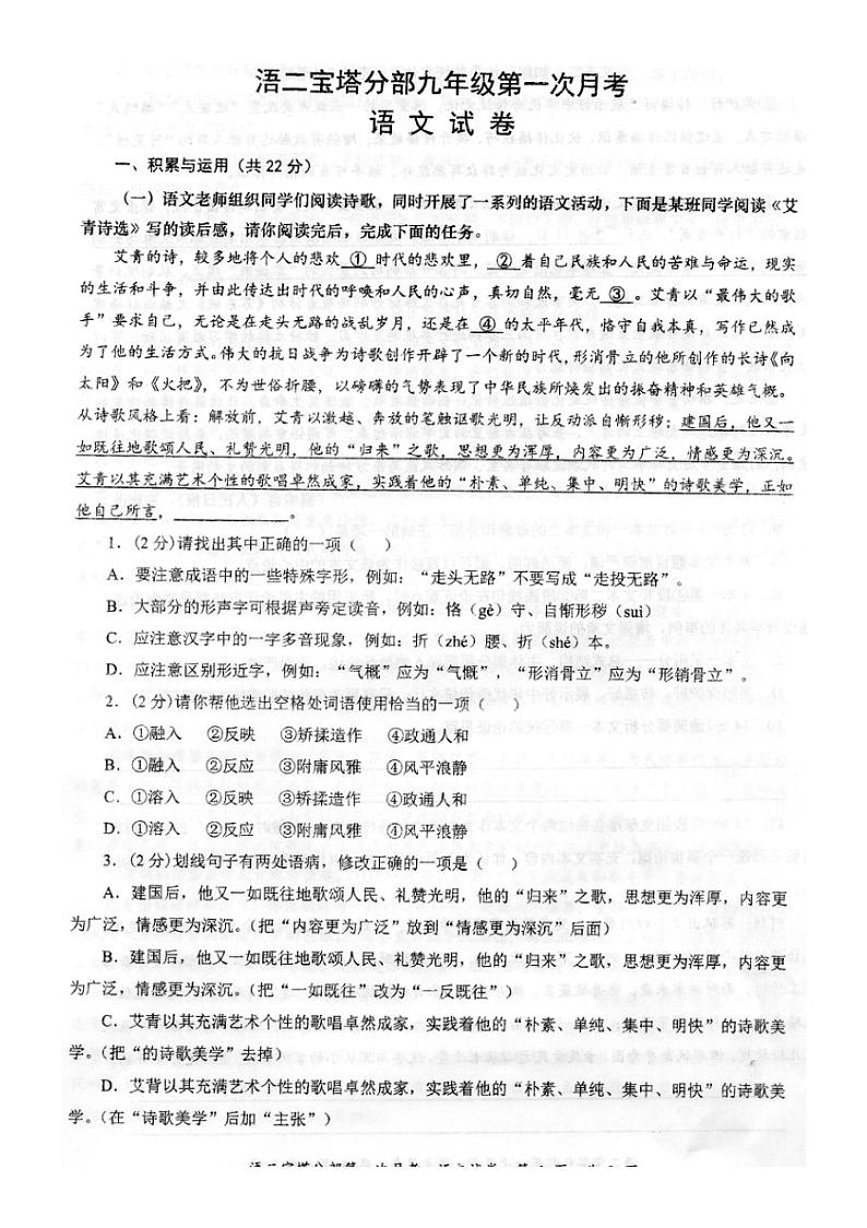 [语文]2024～2025学年湖南省永州市祁阳市浯溪二中宝塔分部第一次月考九年级上期试卷及答案(有答案)01