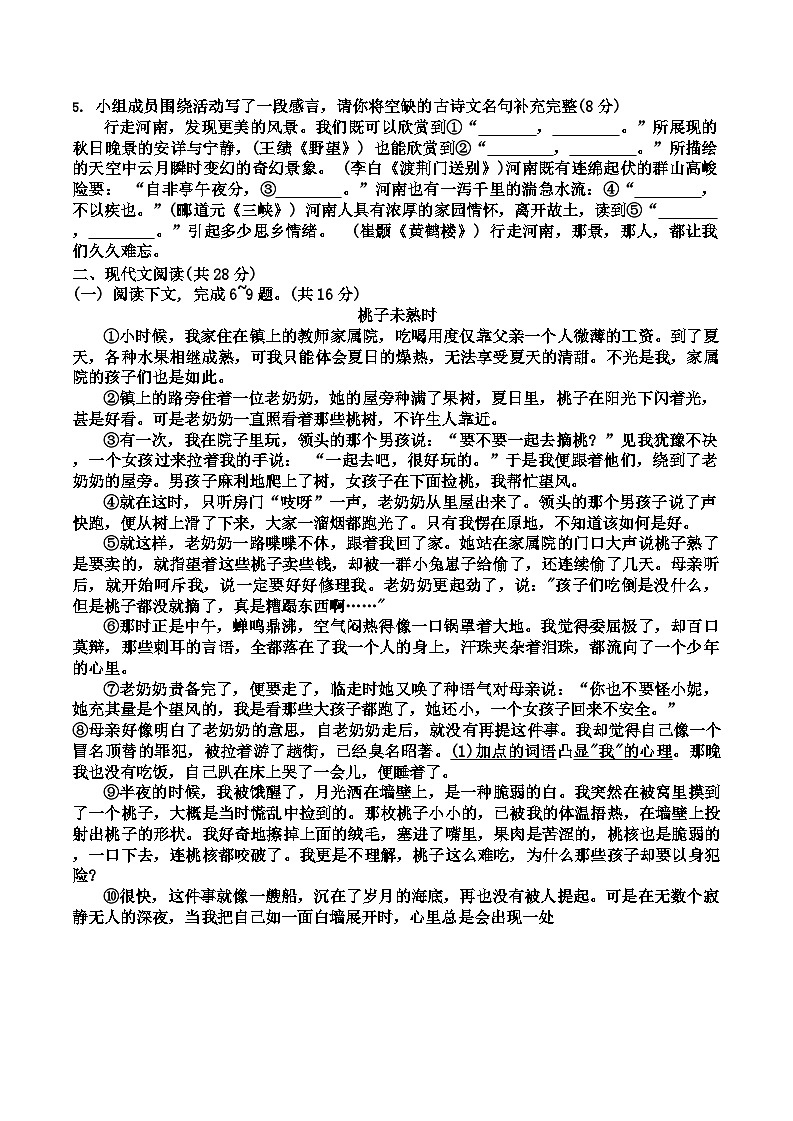 河南省漯河市实验中学2024-2025学年八年级上学期第一次月考语文试卷02
