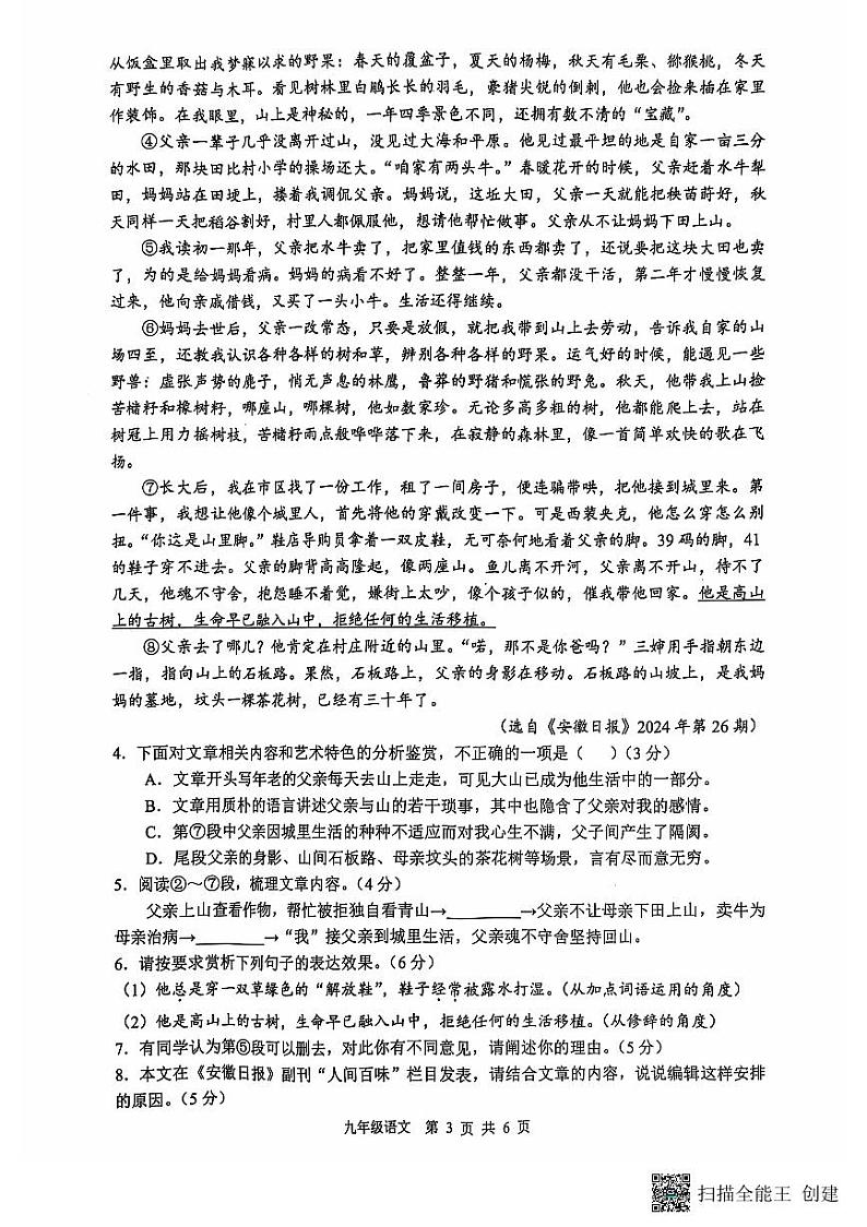 安徽省合肥市第五十五中学东校2024-2025学年九年级上学期期中考试语文试题第3页