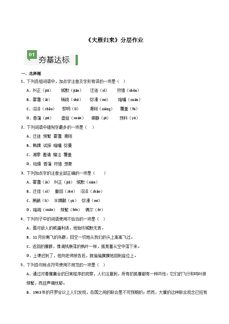 人教版部编版2024七年级上册语文第19课 《大雁归来》：聆听雁声雁语 课件+分层作业含解析版01